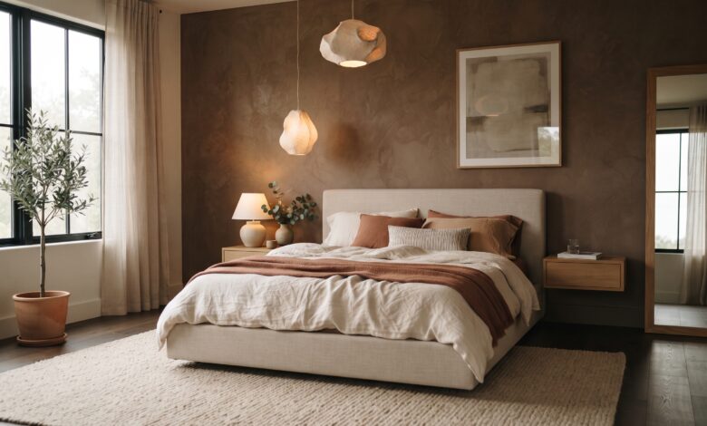 Modern bedroom with an upholstered bed and layered neutral bedding