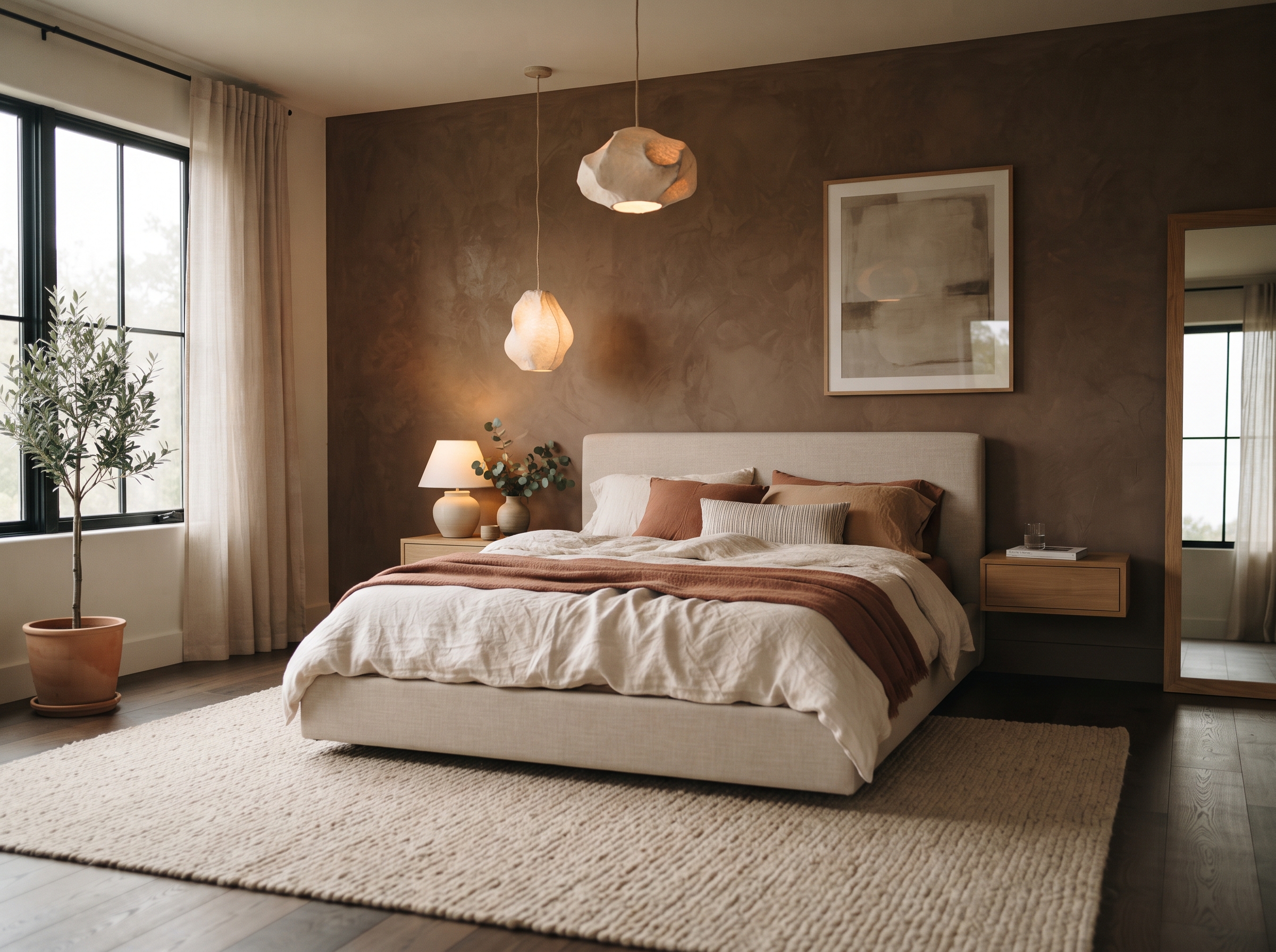 Modern bedroom with an upholstered bed and layered neutral bedding