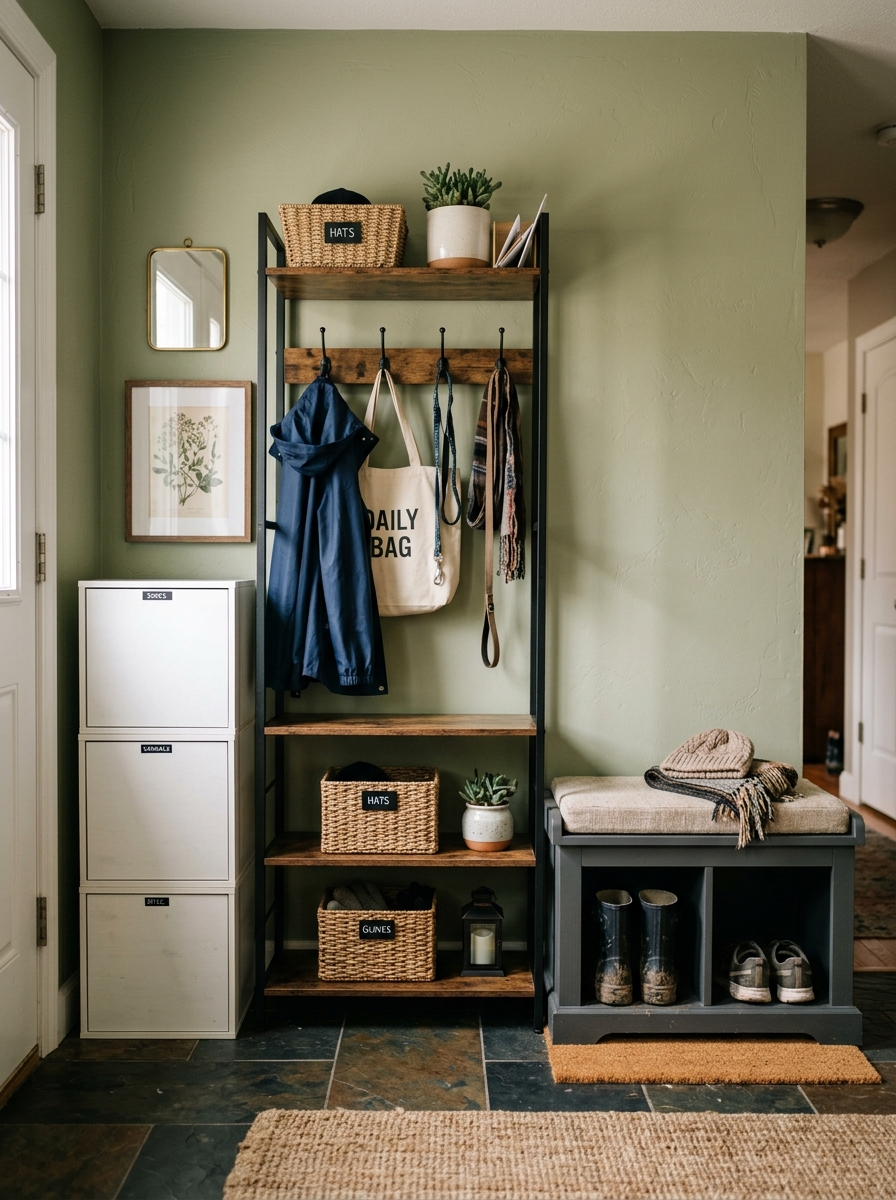 affordable modular mudroom system with freestanding hook unit and bench