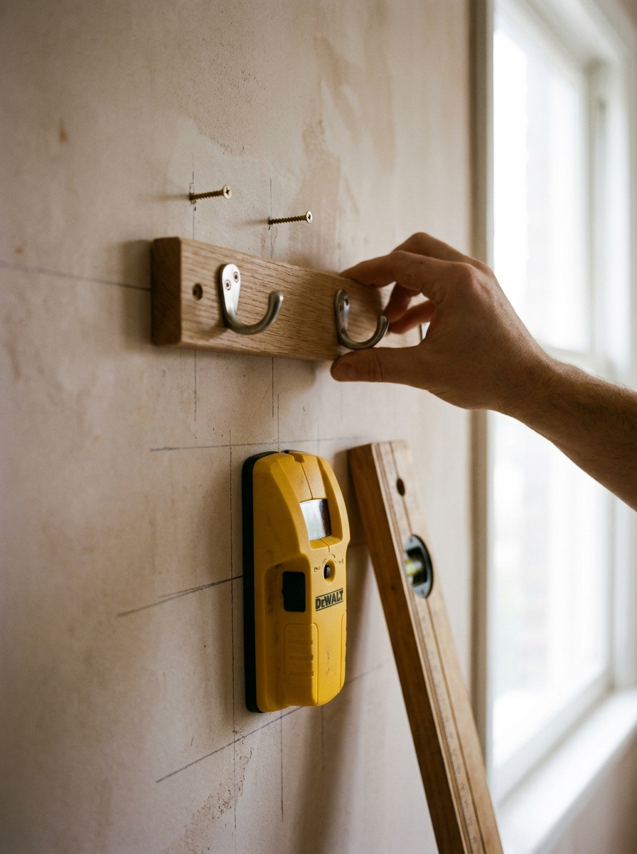 mounting a mudroom hook rail with a stud finder, level and pencil marks