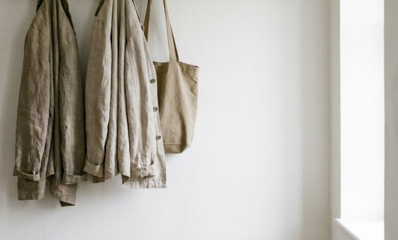 minimal mudroom for a small household with four hooks and one bench