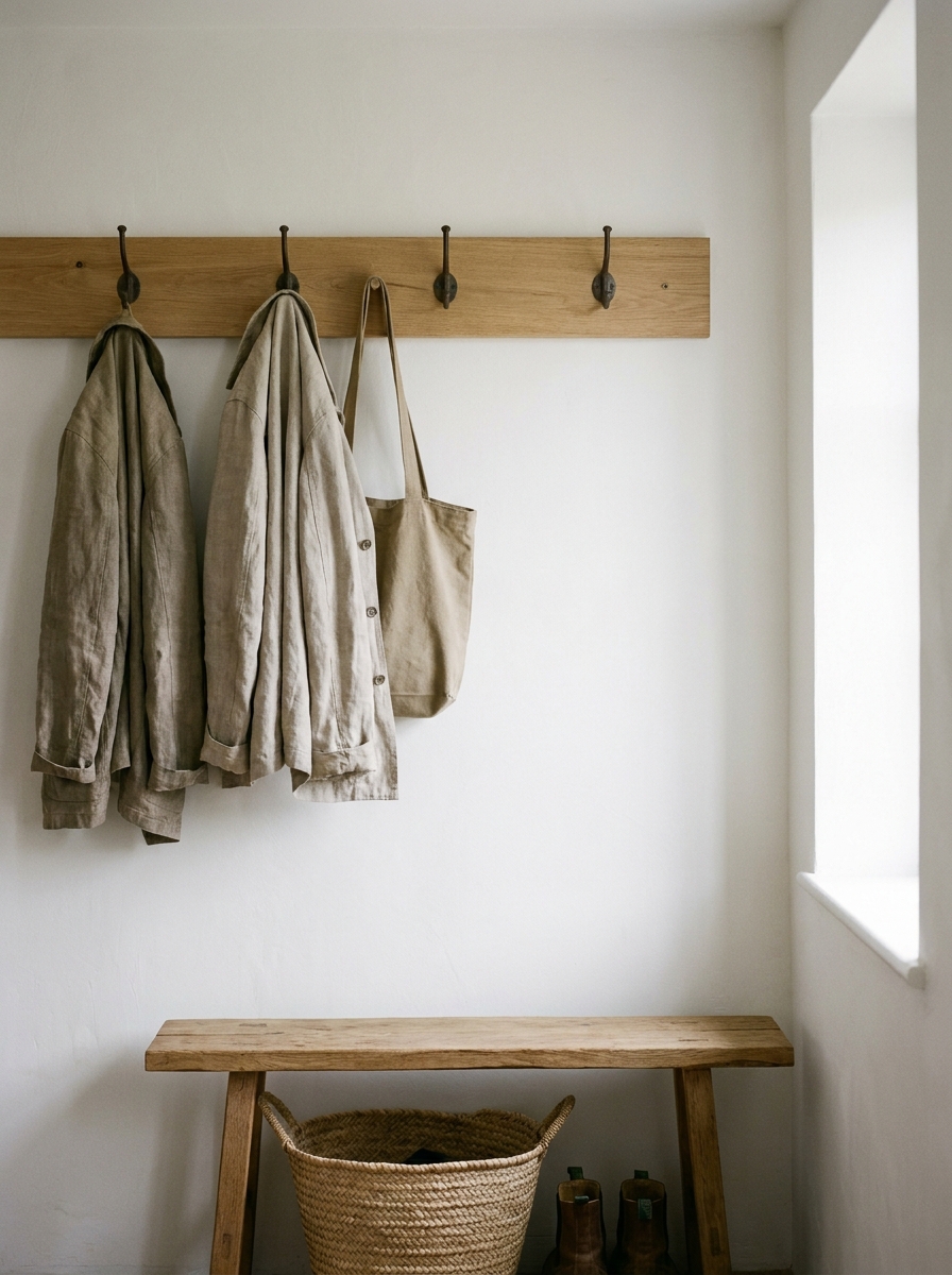 minimal mudroom for a small household with four hooks and one bench