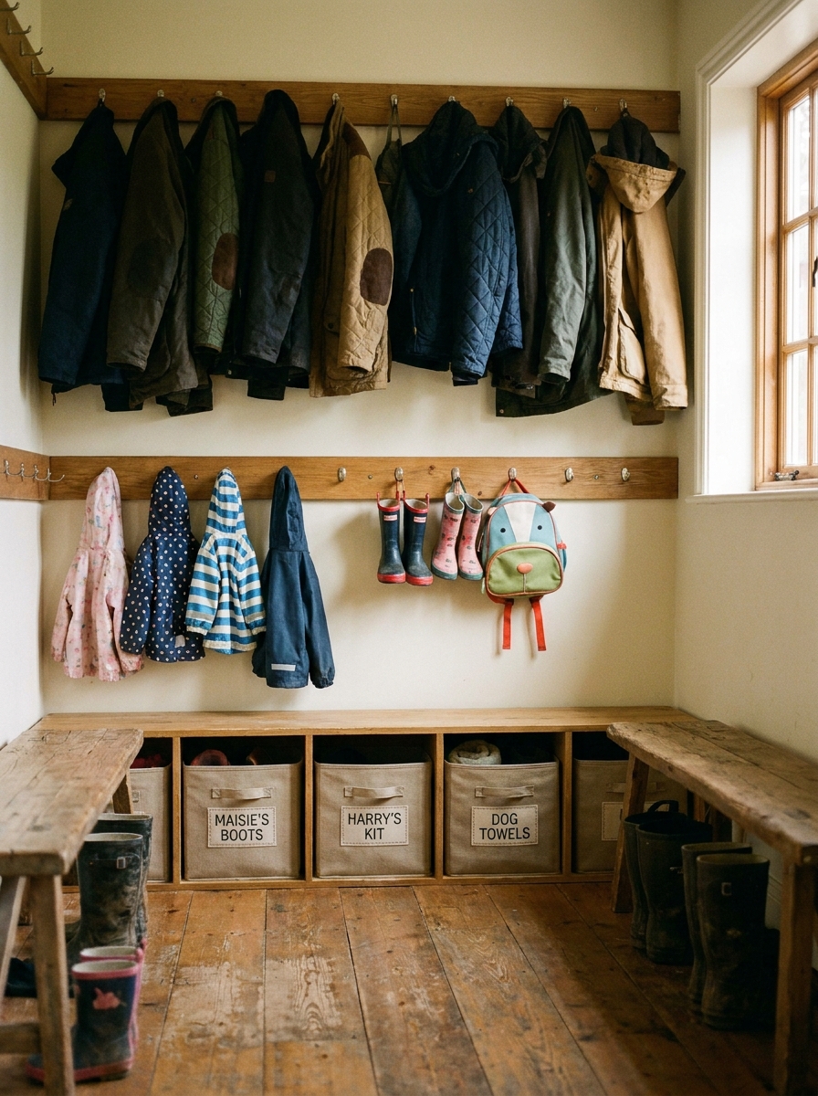 mudroom with child height hooks and labelled cubbies for young children