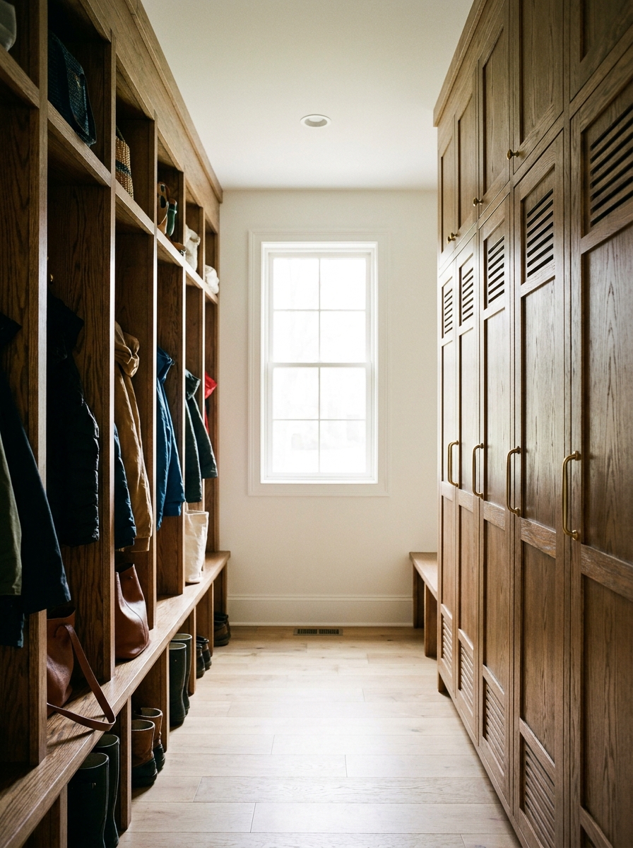open mudroom cubbies beside closed locker style cabinets for comparison