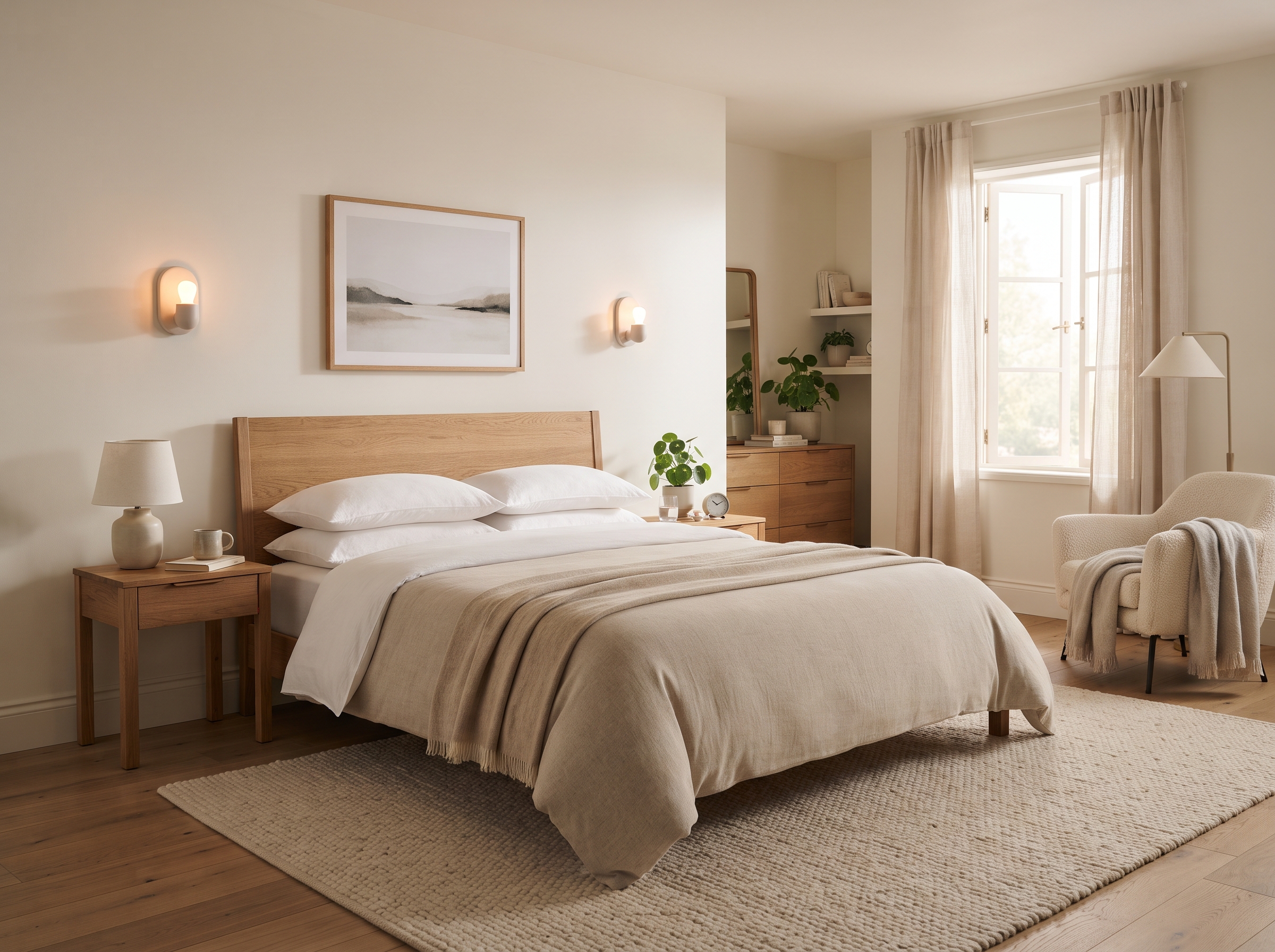 calm finished bedroom with clear surfaces and warm morning light