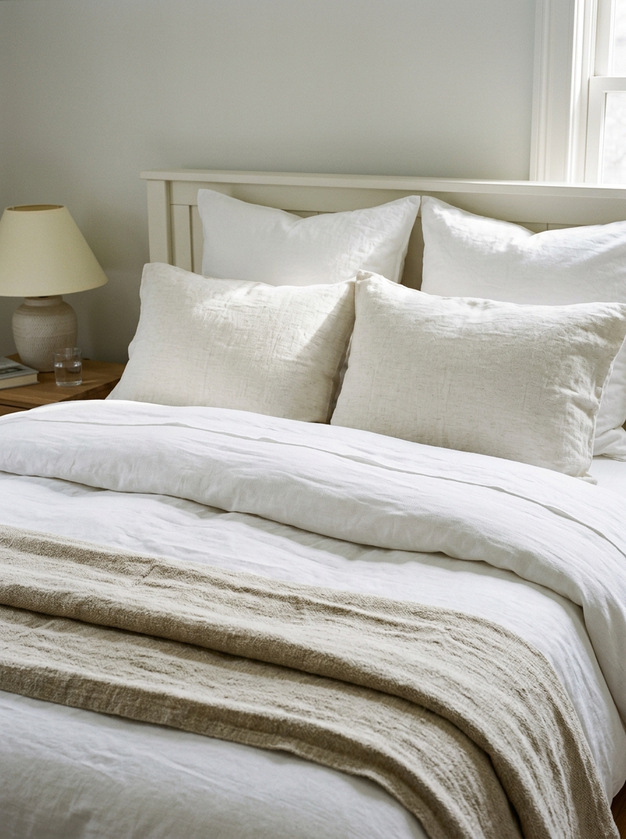 white on white bed with layered oatmeal linen throw and off-white pillow shams