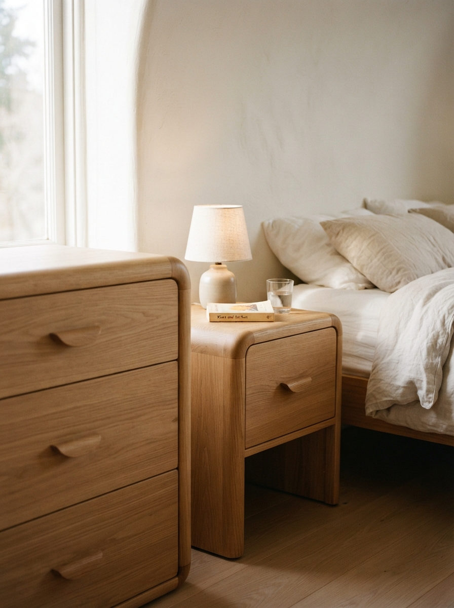 light oak japandi nightstand with soft rounded edges