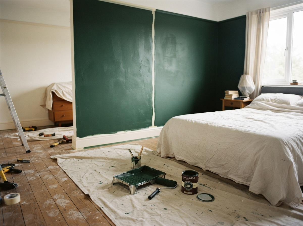 bedroom mid DIY project with drop cloth, paint tray and half painted wall
