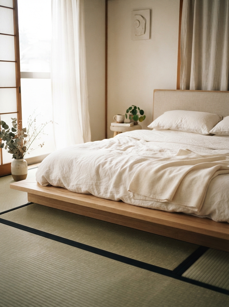low japandi platform bed close to the floor with warm white bedding