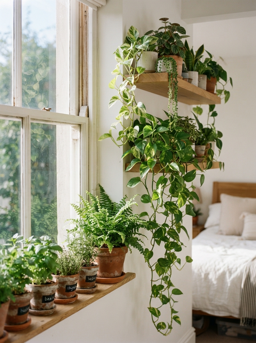 Potted plants styled on a windowsill shelf beside a bed