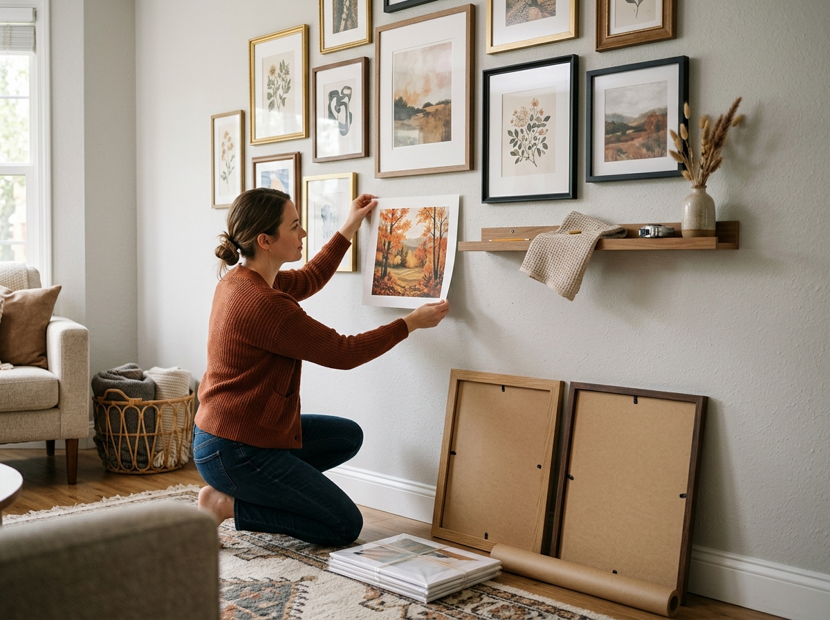 gallery wall being refreshed with frames removed and new prints ready