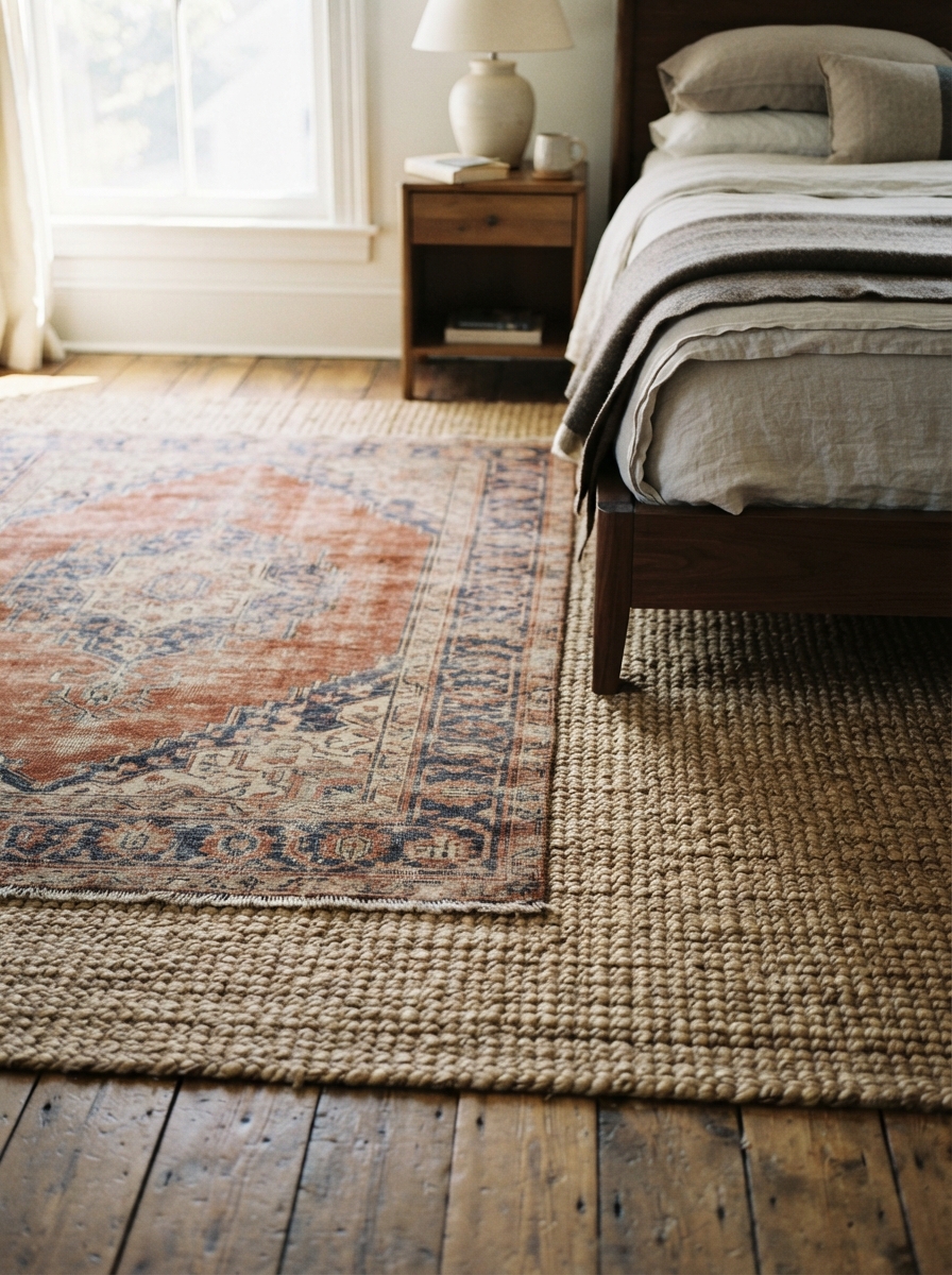 vintage persian rug layered over a jute rug in a boho bedroom