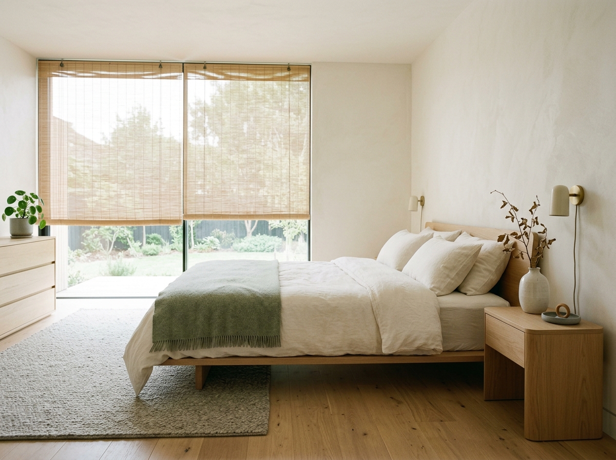 japandi bedroom with low platform bed, light oak furniture and diffused natural light