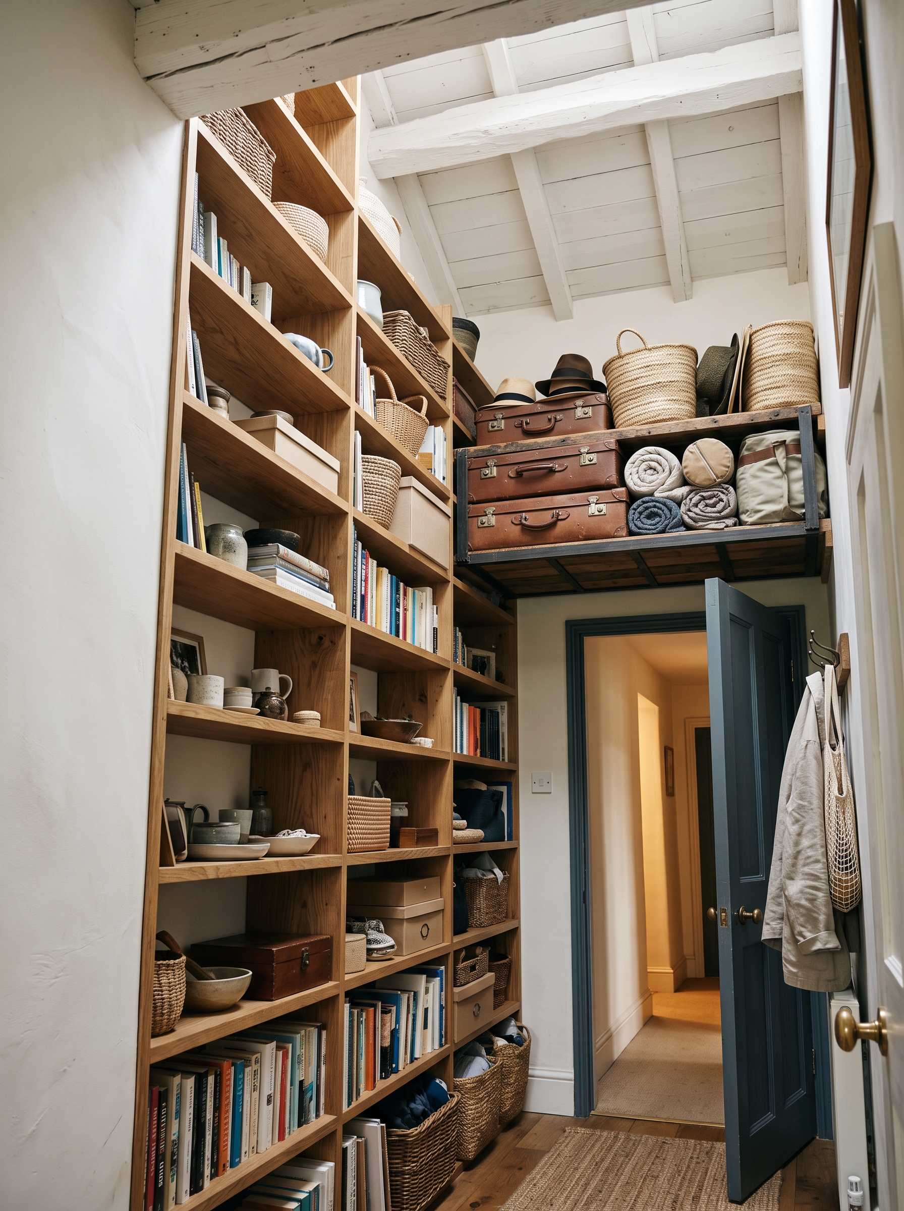 Floor to ceiling home library shelving filling an entire wall