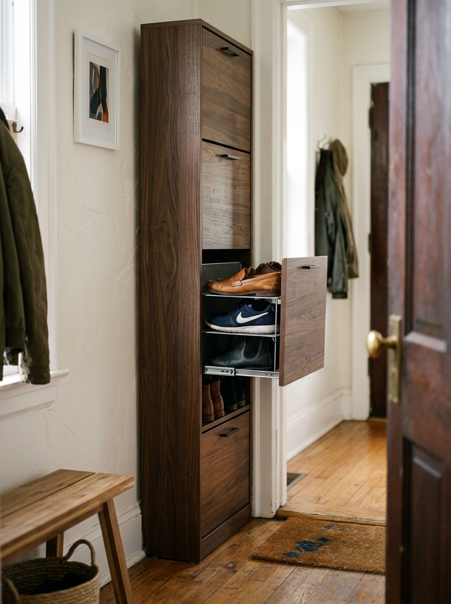 slim pull out shoe rack tower in a narrow mudroom entry