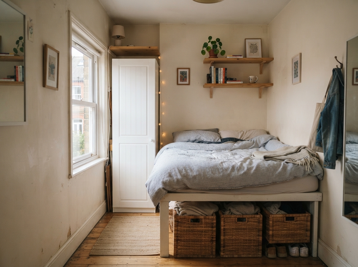 small bedroom layout with corner bed, floating shelves and under-bed storage