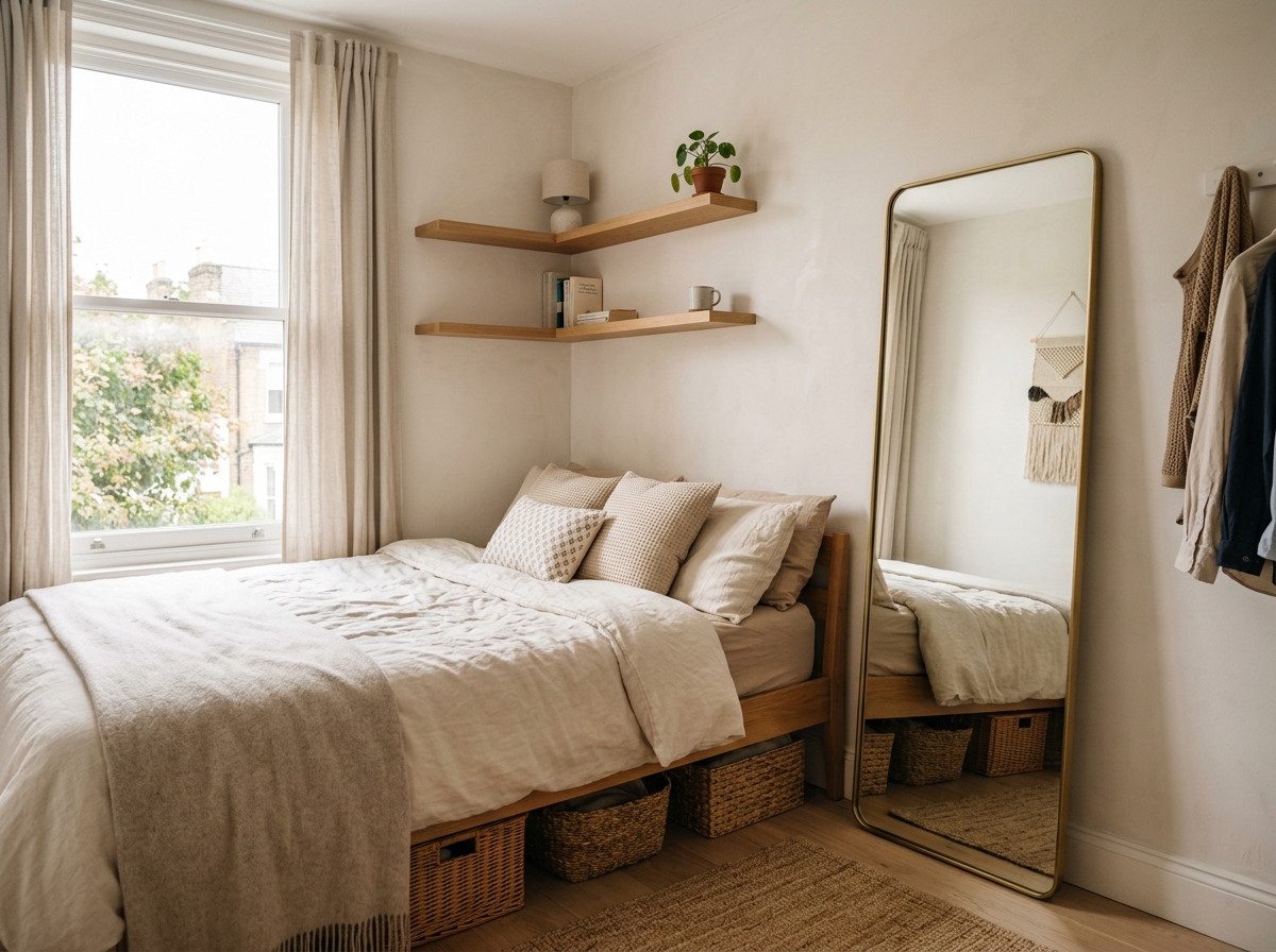 small aesthetic bedroom with floating shelves, corner bed and leaning mirror
