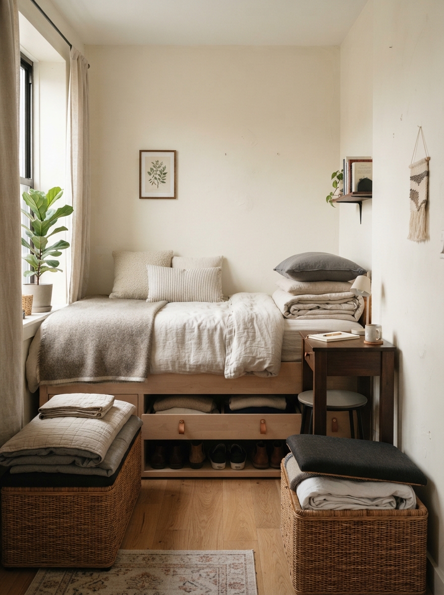tiny bedroom with storage bed, nightstand desk and ottoman that opens for storage