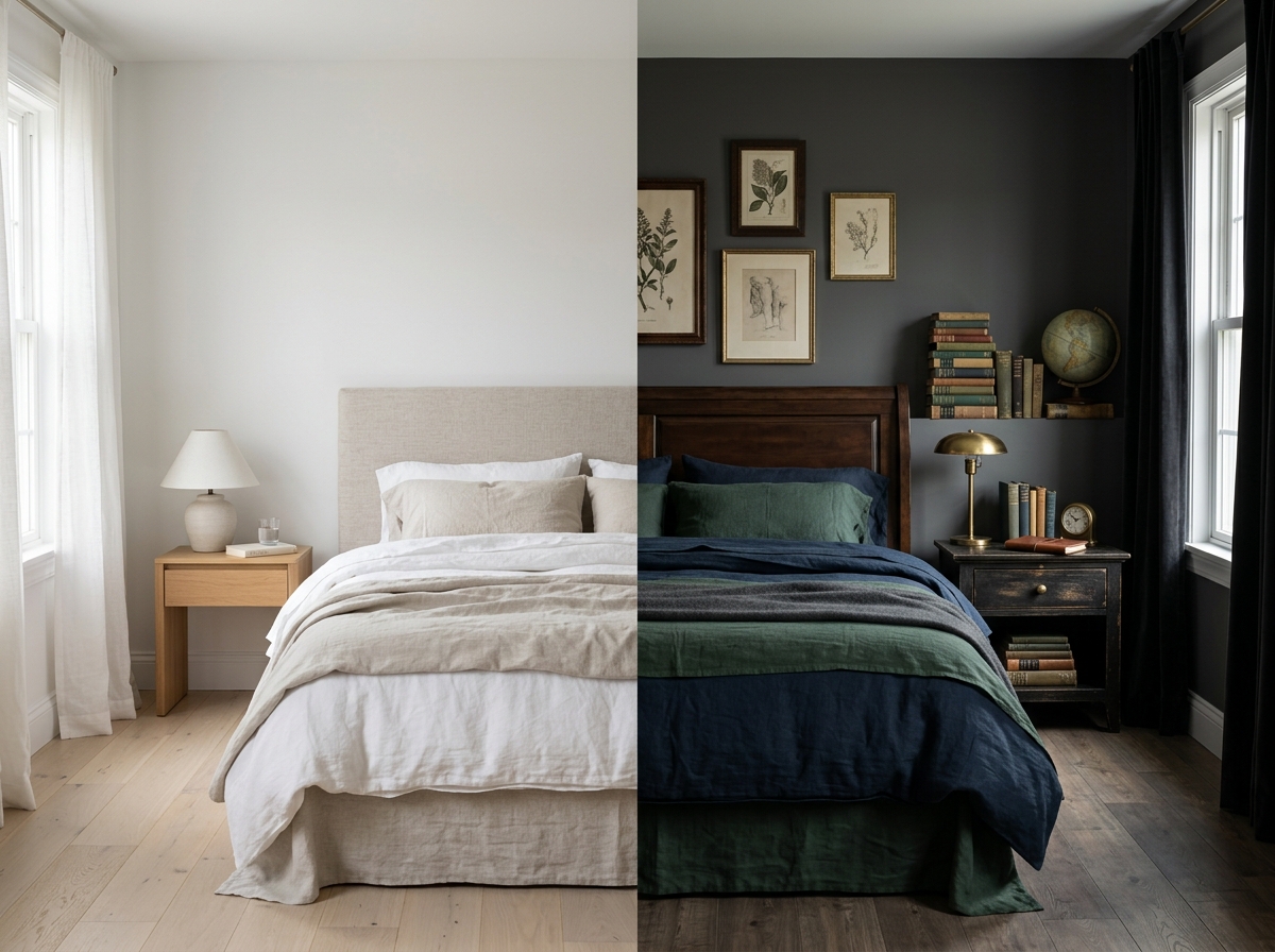 split screen comparing a soft minimalist bedroom with a dark academia bedroom