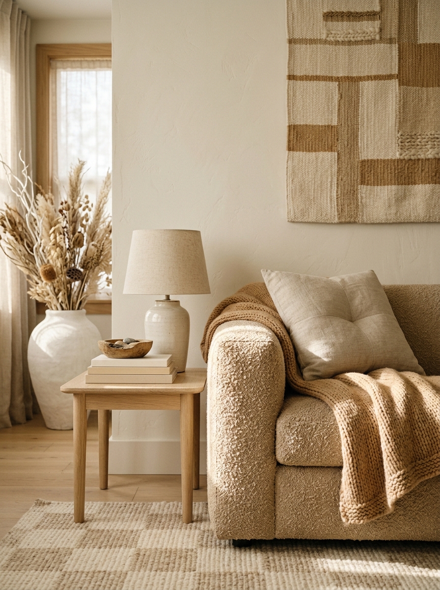 Textured boucle sofa and sculptural lamp in a warm neutral living room