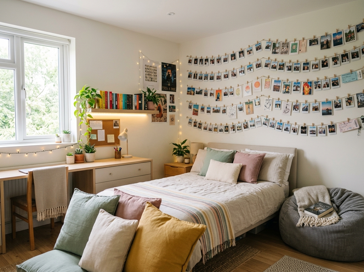 teen aesthetic bedroom with polaroid photo wall, study desk and LED shelf lighting