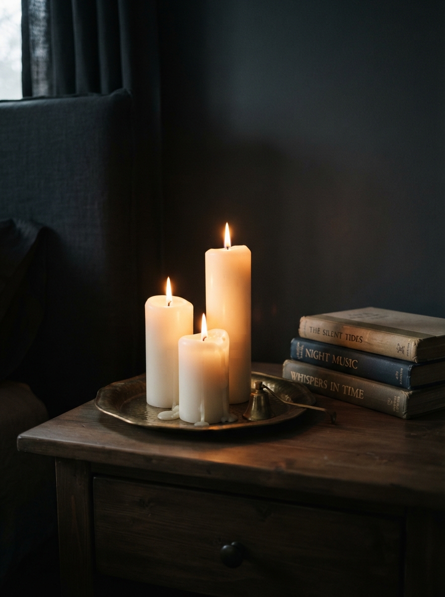 lit pillar candles on a brass tray in a dark academia bedroom