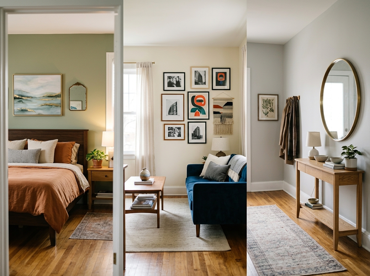 three rooms compared showing different wall decor suited to each