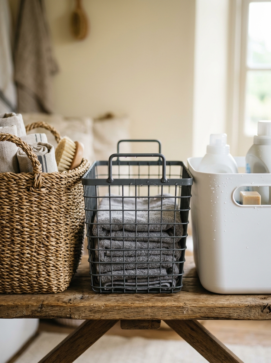 seagrass, wire and plastic mudroom baskets compared for wet conditions