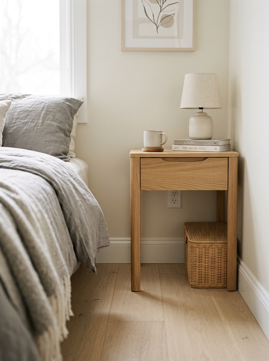 cable management box hiding cords behind a bedroom nightstand