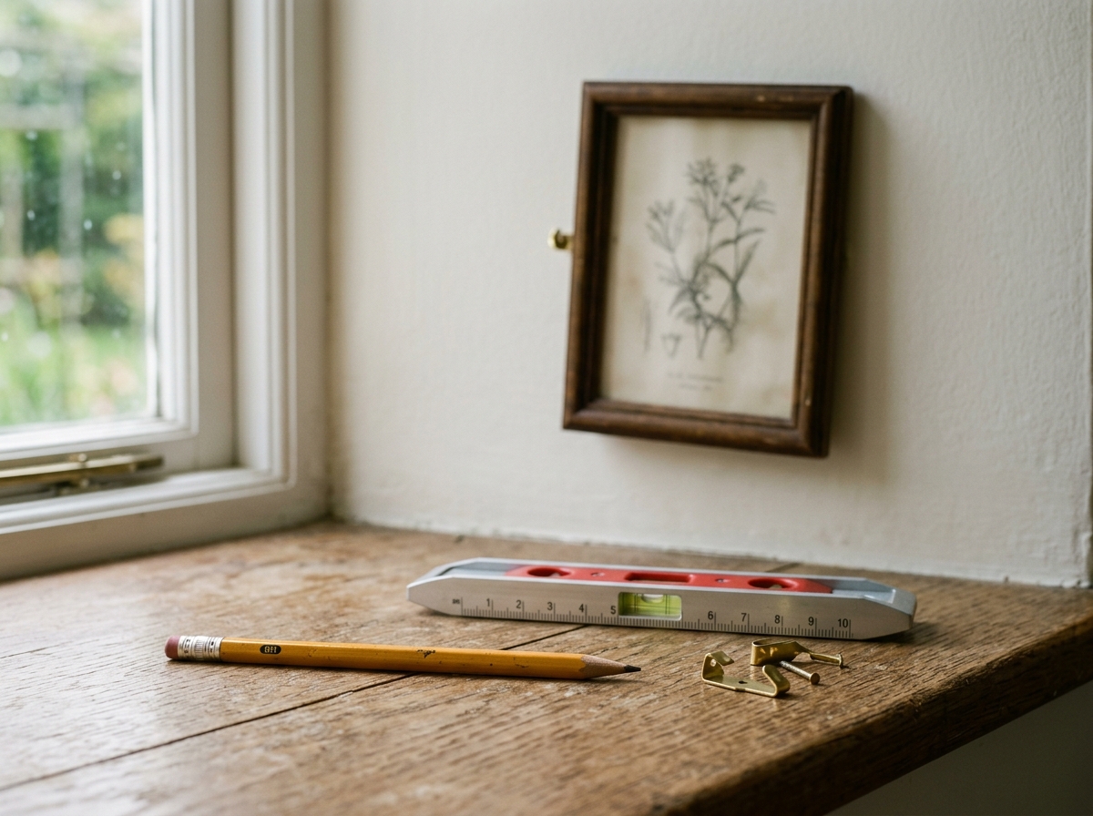 pencil, level and picture hooks on a windowsill with a part hung frame behind