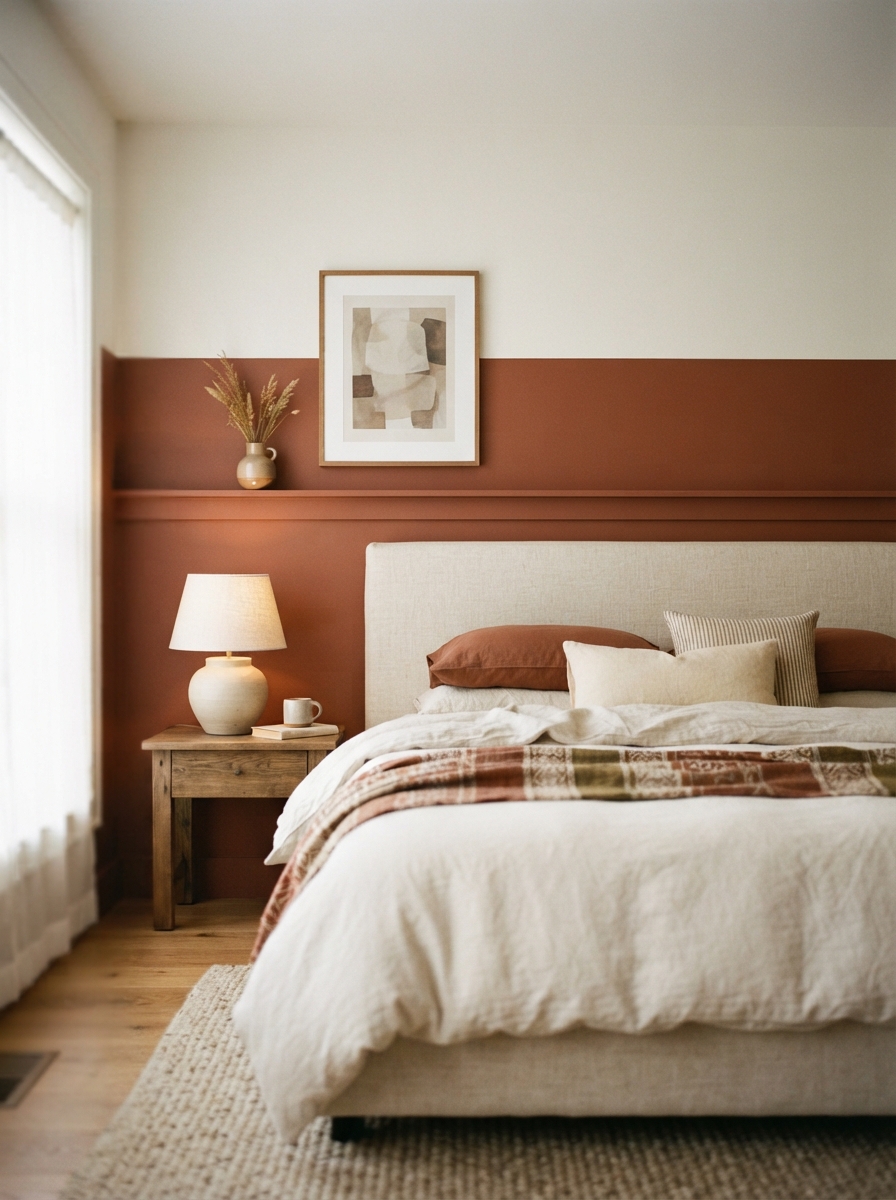 two tone bedroom wall in clay and off white divided by a picture rail