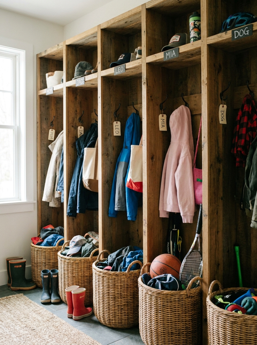 mudroom divided into vertical storage bays, one per family member