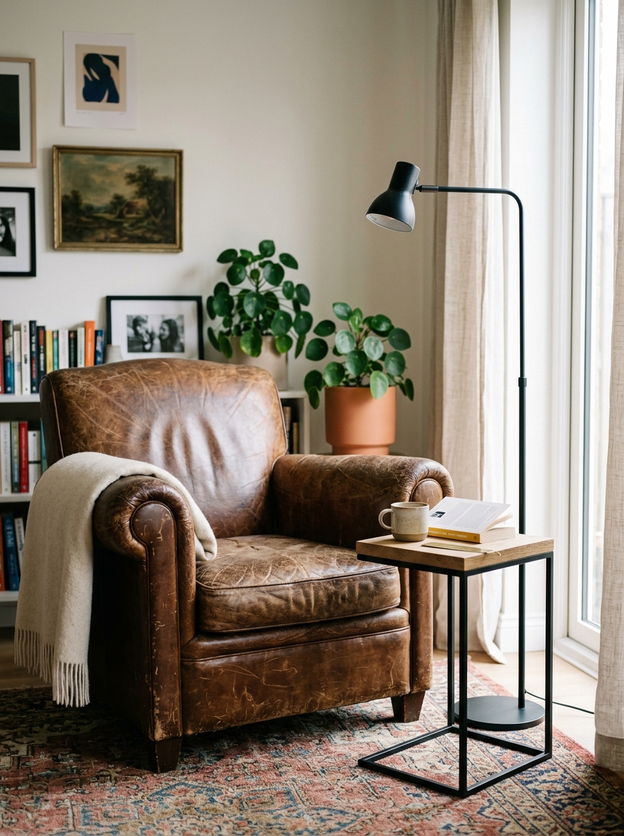 vintage leather chair paired with a contemporary side table in a living room