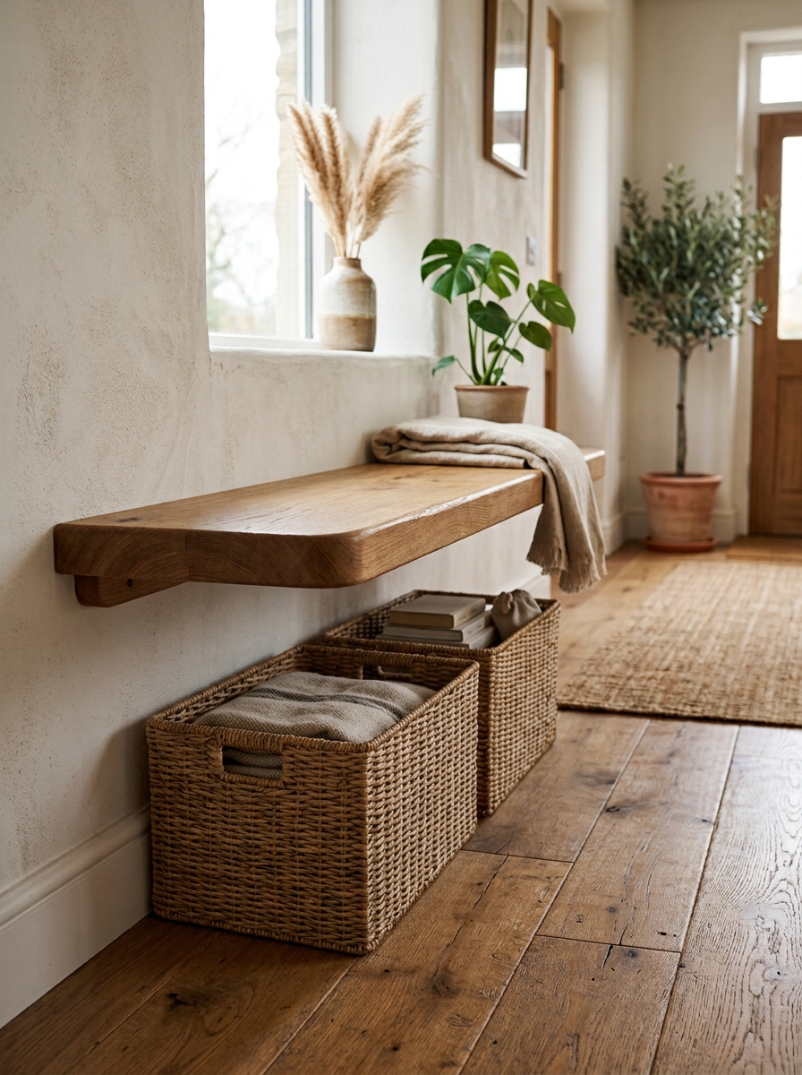 wall mounted floating mudroom bench with baskets underneath