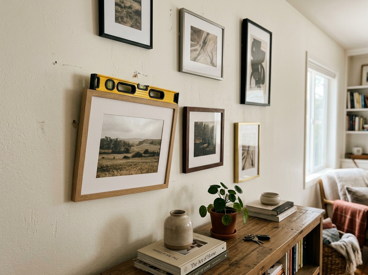 gallery wall showing frames hung too high, unevenly spaced and crooked