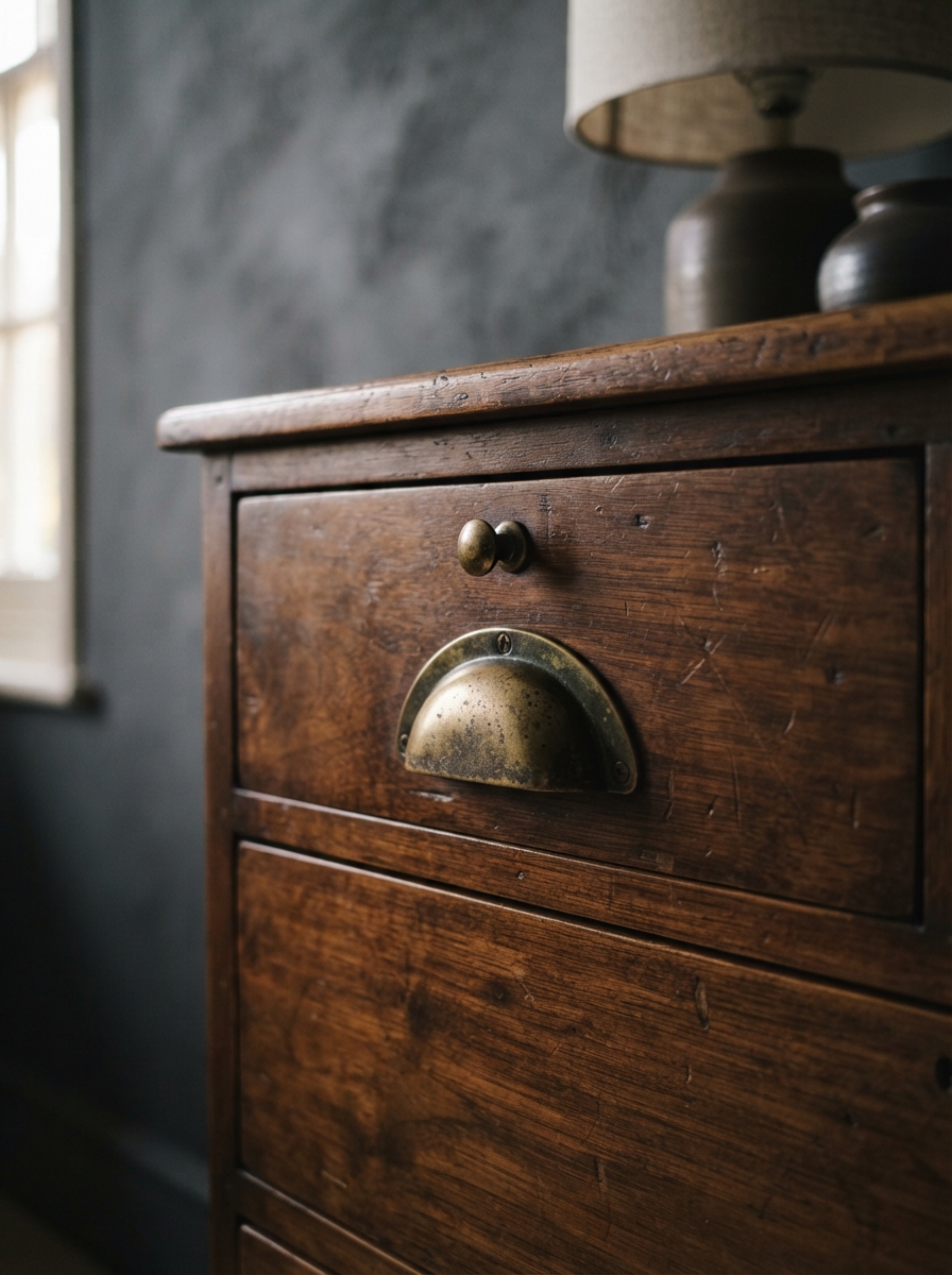 aged brass cup pulls on a dark walnut bedroom dresser