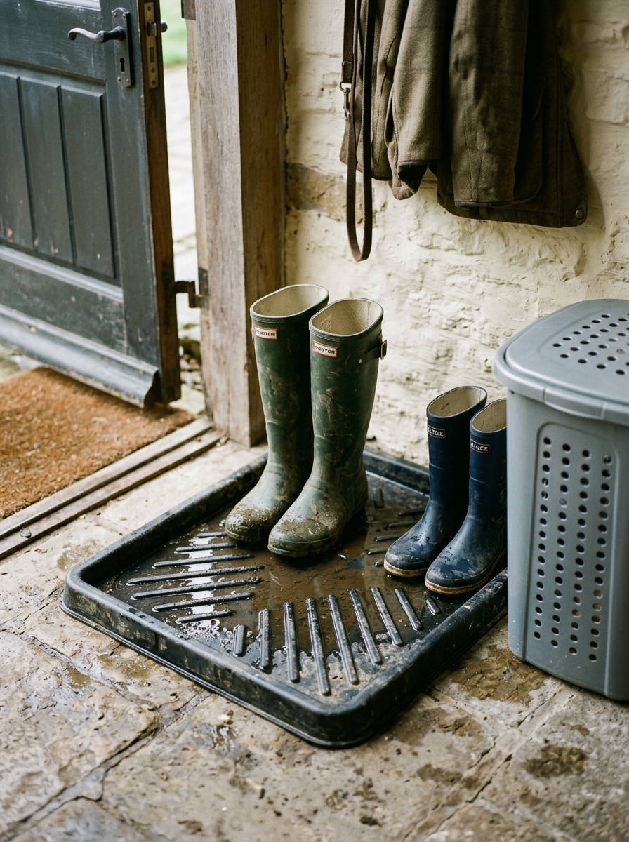 ribbed boot tray holding wet wellingtons beside a ventilated bin