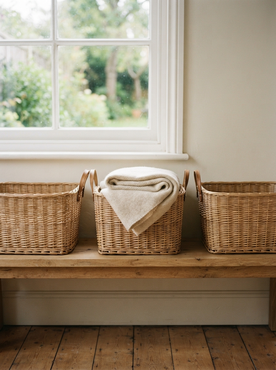 Woven baskets lined up on a wooden shelf in a bright room