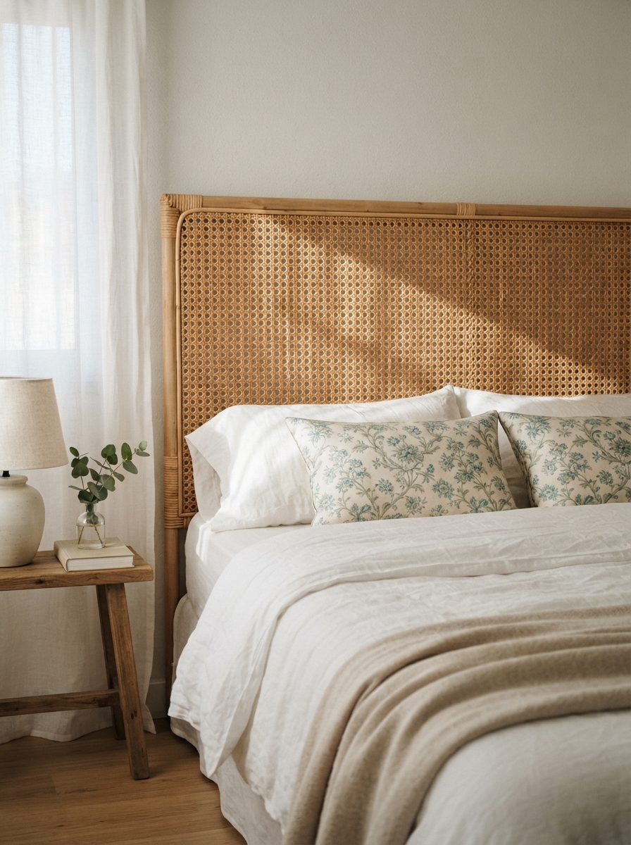 woven rattan headboard with white bedding and floral throw pillows