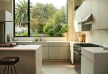 Modern kitchen with island and large window
