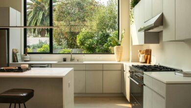 Modern kitchen with island and large window