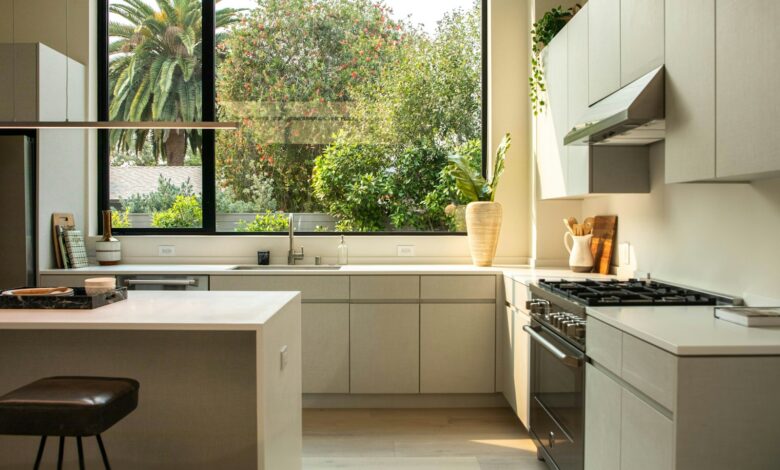 Modern kitchen with island and large window