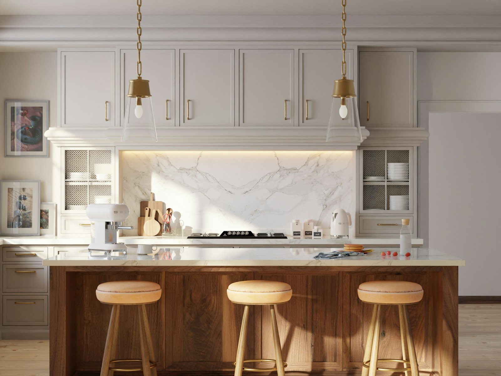 Modern kitchen with island and three stools