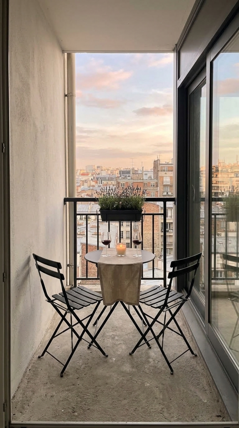 Small balcony set up with a bistro table and two chairs