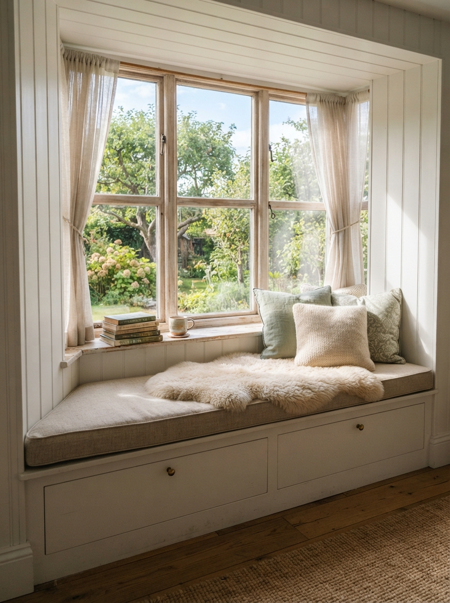 Sunlit bay window seat with linen cushion and layered pillows