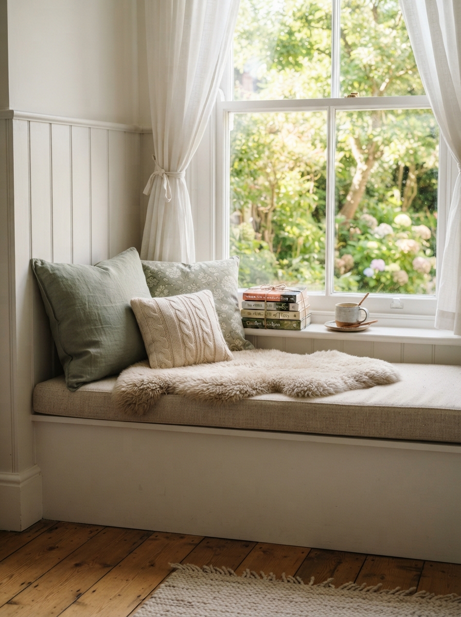 Cosy window nook styled with sheepskin, books and green cushions
