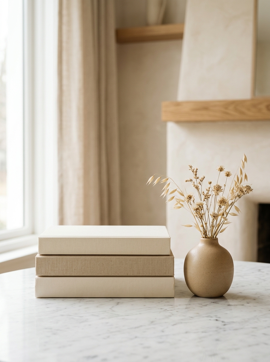 Stack of cream and beige coffee table books beside a ceramic vase