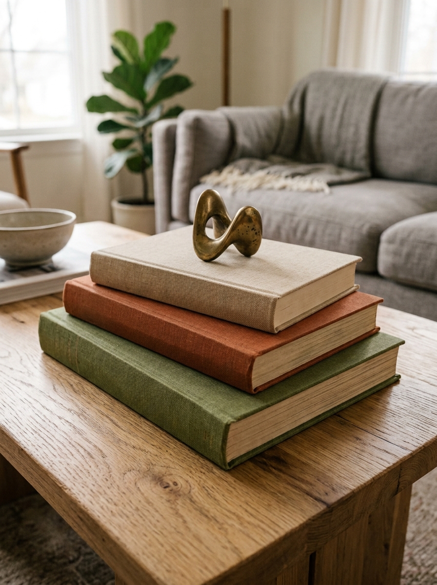 Three books stacked largest to smallest with a brass object on top