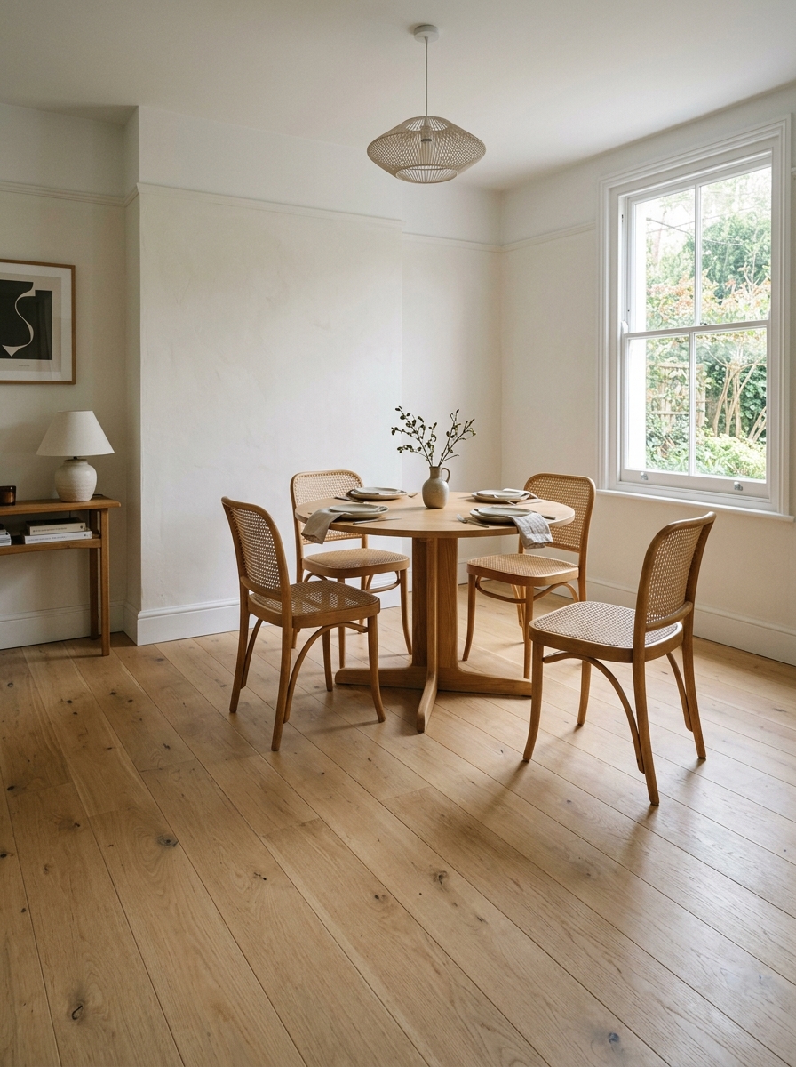 Small dining room with a round pedestal table and clear walking space around it