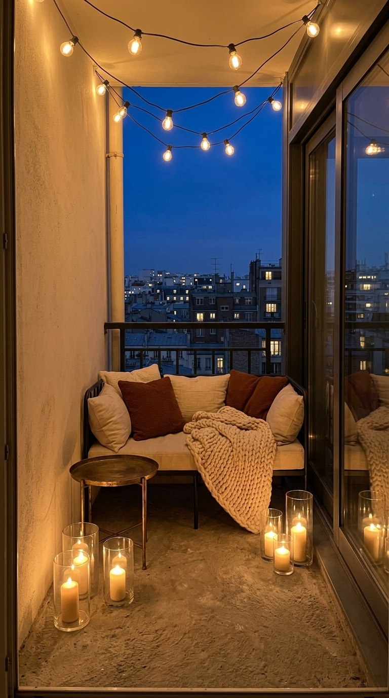 Balcony decorated as a night lounge with warm low lighting